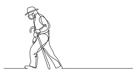 continuous line drawing vector illustration with FULLY EDITABLE STROKE - of senior man in protective maskwalking along