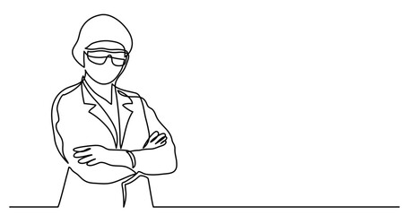continuous line drawing vector illustration with FULLY EDITABLE STROKE - of standing doctor in mask and protective gloves