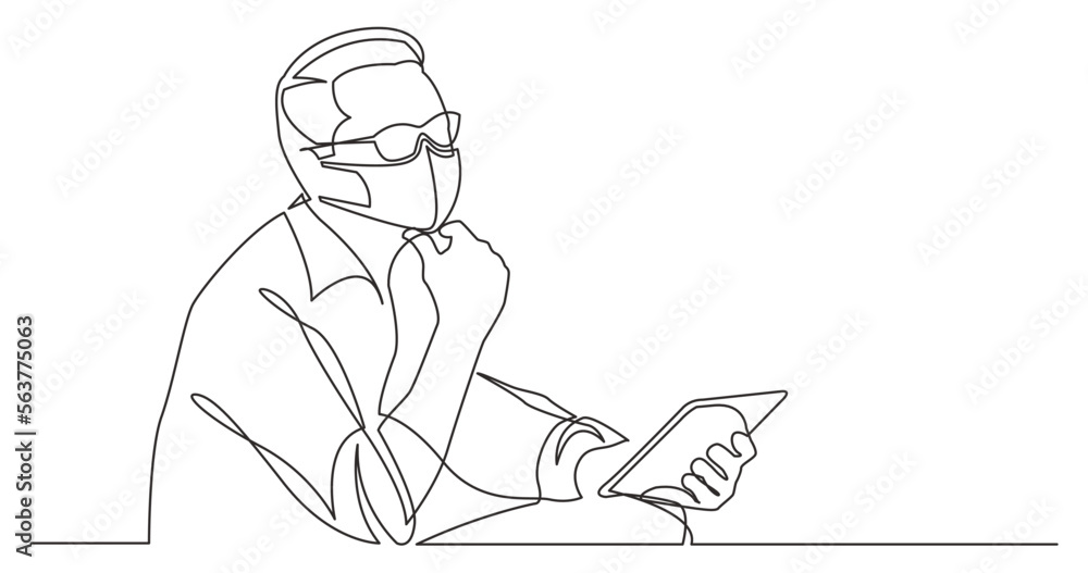 Poster continuous line drawing vector illustration with fully editable stroke - sitting man planning with t