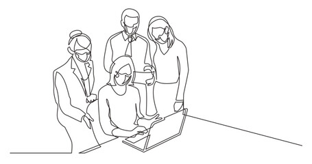 continuous line drawing vector illustration with FULLY EDITABLE STROKE - office workers discussion with laptop computer wearing face mask