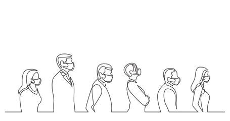continuous line drawing vector illustration with FULLY EDITABLE STROKE - people standing in line wearing face mask