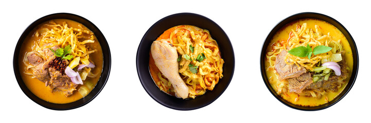 Northern Thai food (Khao Soi), Spicy curry noodles soup with chicken and beef collection on transparent png