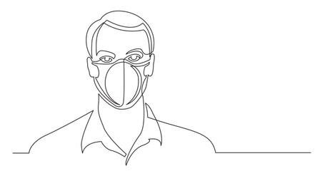 continuous line drawing vector illustration with FULLY EDITABLE STROKE - positive man portrait wearing face mask