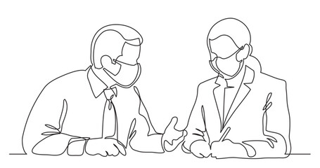continuous line drawing vector illustration with FULLY EDITABLE STROKE - sitting businessman and business woman discussing work process wearing face mask