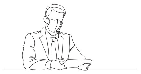 continuous line drawing vector illustration with FULLY EDITABLE STROKE - sitting businessman with tablet wearing face mask