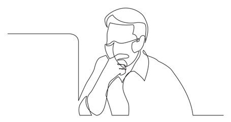 continuous line drawing vector illustration with FULLY EDITABLE STROKE - sitting computer worker focused on work wearing face mask
