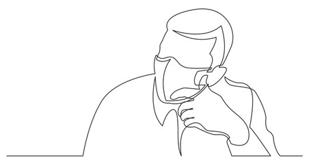 continuous line drawing vector illustration with FULLY EDITABLE STROKE - sitting man in deep thoughts wearing face mask