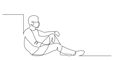 continuous line drawing vector illustration with FULLY EDITABLE STROKE - sitting man wearing face mask