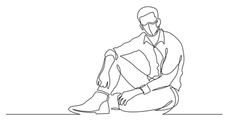 continuous line drawing vector illustration with FULLY EDITABLE STROKE - sitting young man in boots wearing face mask