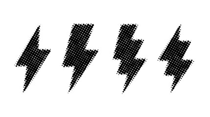 Halftone lightning bolt set. Black grunge thunderbolt collection. Textured flash symbols. Comic lightning strike signs. Vector  - obrazy, fototapety, plakaty