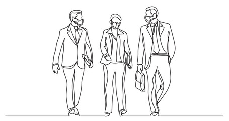 continuous line drawing vector illustration with FULLY EDITABLE STROKE - three business execitives walking together wearing face mask
