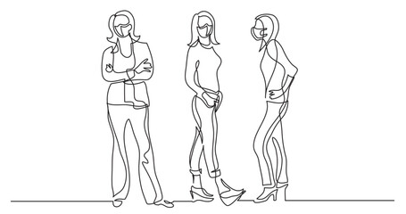 continuous line drawing vector illustration with FULLY EDITABLE STROKE - three standing women wearing face mask