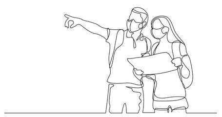 continuous line drawing vector illustration with FULLY EDITABLE STROKE - travelers learning map wearing face mask