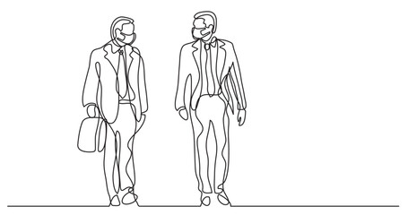 continuous line drawing vector illustration with FULLY EDITABLE STROKE - two walking businessmen wearing face mask