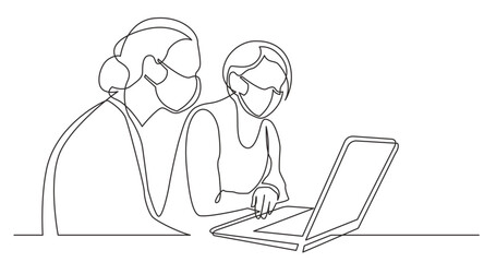 continuous line drawing vector illustration with FULLY EDITABLE STROKE - two women sitting watching laptop computer wearing face mask