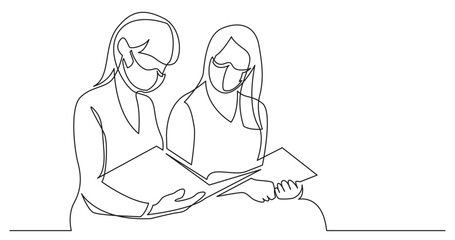 continuous line drawing vector illustration with FULLY EDITABLE STROKE - two young women reading book wearing face mask