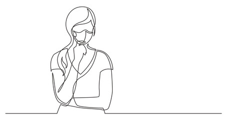 continuous line drawing vector illustration with FULLY EDITABLE STROKE - woman confused wearing face mask