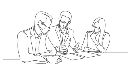 continuous line drawing vector illustration with FULLY EDITABLE STROKE of business partners discussing details of work contract wearing face mask
