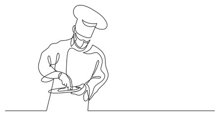 continuous line drawing vector illustration with FULLY EDITABLE STROKE of chef cooking gourmet meal wearing face mask