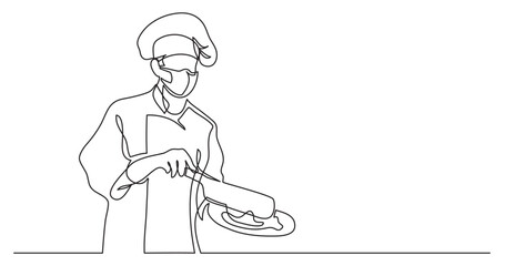 continuous line drawing vector illustration with FULLY EDITABLE STROKE of chef cooking meal wearing face mask