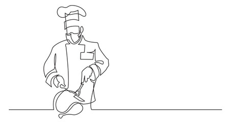 continuous line drawing vector illustration with FULLY EDITABLE STROKE of chef cutting turkey wearing face mask