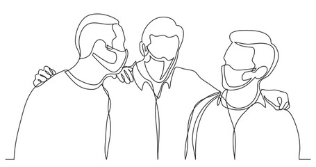 continuous line drawing vector illustration with FULLY EDITABLE STROKE of company of men friendshugging and talking wearing face mask