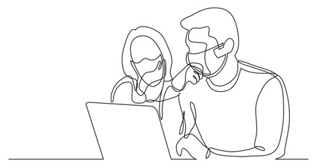 continuous line drawing vector illustration with FULLY EDITABLE STROKE of coworkers watching laptop together wearing face mask
