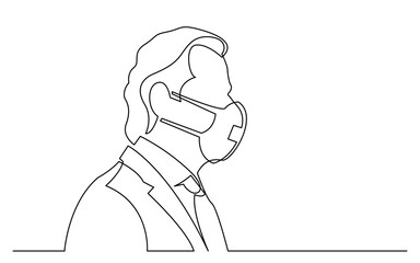 continuous line drawing vector illustration with FULLY EDITABLE STROKE of profile portrait of businessman in tie and suit wearing face mask
