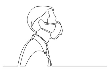 continuous line drawing vector illustration with FULLY EDITABLE STROKE of profile portrait of businessman smiling wearing face mask