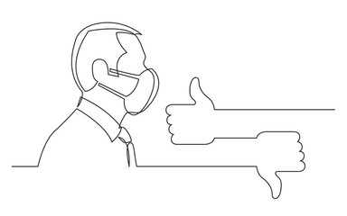 continuous line drawing vector illustration with FULLY EDITABLE STROKE of profile portrait of businessman thinking about social media marketing strategy wearing face mask