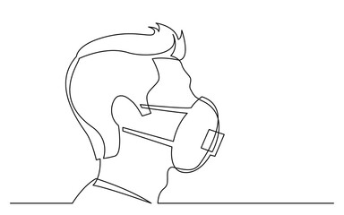 continuous line drawing vector illustration with FULLY EDITABLE STROKE of profile portrait of casual young man wearing face mask