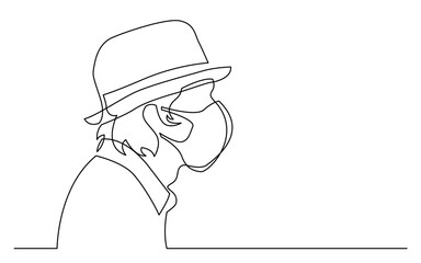 continuous line drawing vector illustration with FULLY EDITABLE STROKE of profile portrait of young happy man in hat wearing face mask