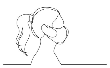 continuous line drawing vector illustration with FULLY EDITABLE STROKE of profile portrait of young woman with ponytail wearing face mask