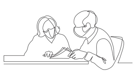 continuous line drawing vector illustration with FULLY EDITABLE STROKE of senior man and woman talking  together wearing face mask