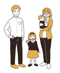 子供が二人いる夫婦の全身イラスト