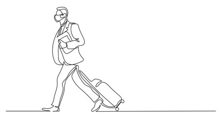 continuous line drawing vector illustration with FULLY EDITABLE STROKE of single line drawing businessman walking with laggage wearing face mask