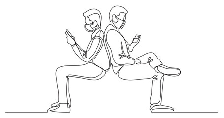 Fototapeta na wymiar continuous line drawing vector illustration with FULLY EDITABLE STROKE of single line drawing young men browising cell phones wearing face mask