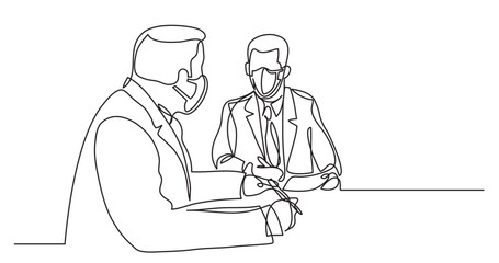 continuous line drawing vector illustration with FULLY EDITABLE STROKE of two business negotiators talking about work contract wearing face mask