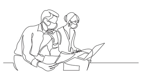 continuous line drawing vector illustration with FULLY EDITABLE STROKE of two coworkers working on documents with laptop computer wearing face mask