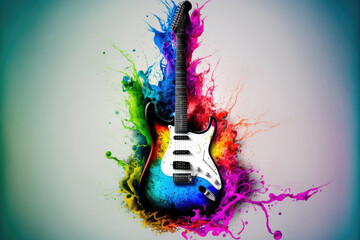 Electric guitar decorated with stylish creative colorful watercolor splash showing concept of beautiful music and lyrics creations and innovation. Peculiar AI generative image. - obrazy, fototapety, plakaty
