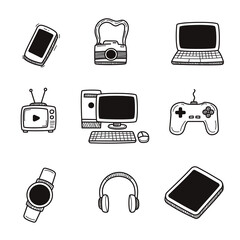 Set of devices icons with doodle style isolated on white background