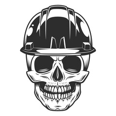 Builder skull in hard hat from business new construction and remodeling house in vintage monohrome style illustration