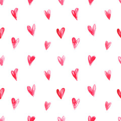 Watercolor, seamless pattern with red, delicate hearts. Wedding, Valentine's Day graphic texture for wrapping paper, decor, textiles.