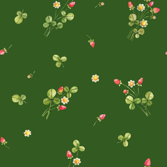 Vintage, floral seamless pattern with strawberries and flowers, watercolor illustration. Strawberry on dark green background seamless pattern in cartoon style.