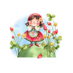 Fototapeta na wymiar Watercolor illustration of a cute little girl in a red dress and scarf in a strawberry field. Cute cartoon character strawberry princess. Kids illustration.