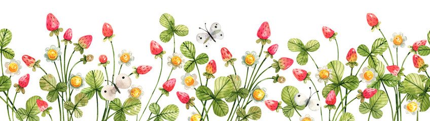 Horizontal seamless background with strawberry berries and flowers, butterflies in cartoon style. Watercolor illustration of spring berries and flowers.