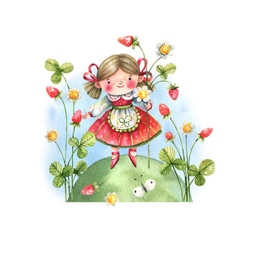 Cute girl with blond hair in a red dress on a hill with strawberries watercolor illustration. Flower fairy, fairy tale character in strawberry garden, illustration isolated on white background.