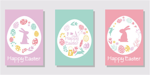 Set of Easter decoration frame. Happy easter template collection. Rabbits, eggs, flowers and leaves decoration pattern template for Easter event design. Vector illustration.