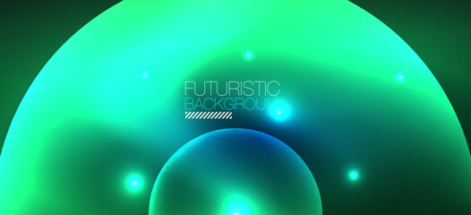 Abstract background with neon glowing light effects. Round shapes, triangles and circles. Wallpaper for concept of AI technology, blockchain, communication, 5G, science, business and technology