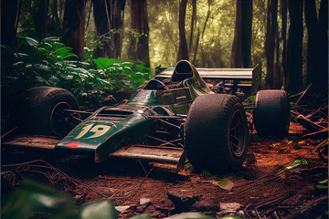 Fototapete abandoned formula 1 car in overgrown forest, Generative AI © Thumbs